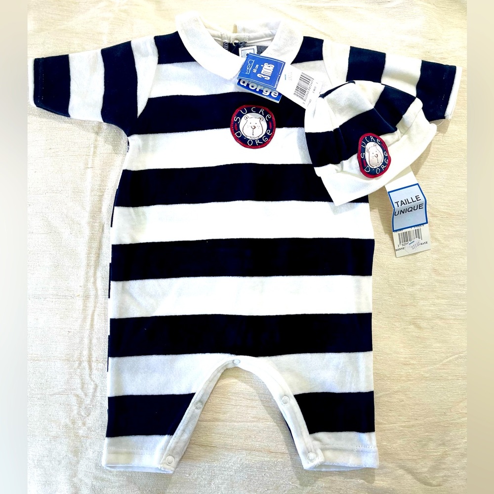 3MO NWT navy/white striped velour jumpsuit with leather patches & matching hat